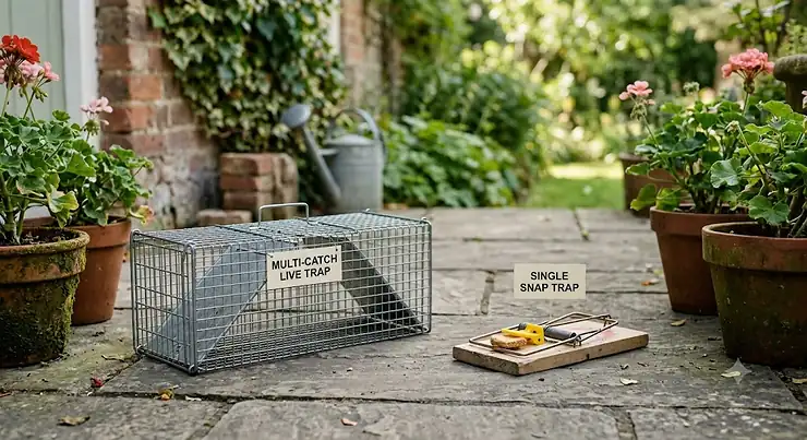 A comparison guide highlighting a multi catch rat trap vs single snap trap side by side on a British garden patio.