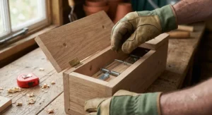 Opening the hinged lid of a wooden rat tunnel box to access the internal trigger mechanism.