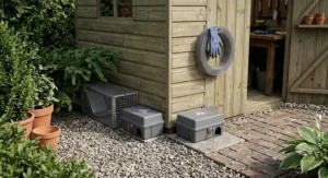 Outdoor rat control kit installed near a British garden shed to manage pest infestations
