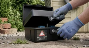 Child and pet safe rat bait box highlighting the secure double-lock system for UK households