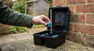 Securing a blue rat bait block onto the metal rod inside a black tamper-resistant bait box to keep it safe from non-target animals.