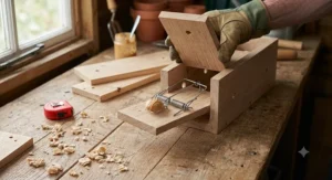 Carefully placing the fully set break-back trap inside the protective wooden tunnel housing.