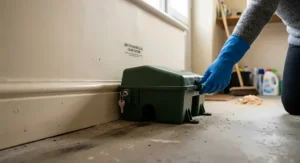 Correct placement of a lockable rat bait station flush against an indoor wall along a suspected rodent travel route.