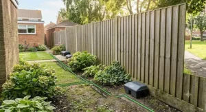 Illustration demonstrating where to place rat bait stations at regular intervals along a property boundary.