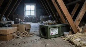 A powerful tunnel rat trap set up in a home loft or attic space to catch destructive rats.