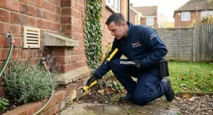 A qualified British pest control technician inspecting house foundations for signs of a rat infestation.
