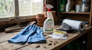 Heavy-duty rubber gloves and anti-bacterial disinfectant needed to clean rat droppings safely.