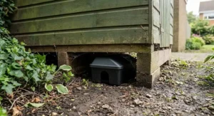 Rodenticide bait box tucked away under the shadow of a wooden garden shed base.