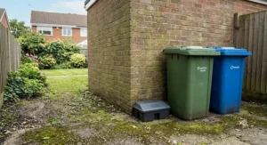 Secure rat bait box positioned covertly next to outdoor council wheelie bins behind a house.