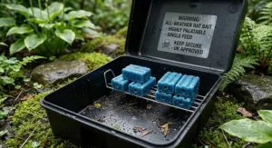 All-weather blue rat poison bait blocks placed inside a secure garden baiting station to protect against British rain.