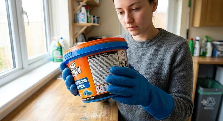 A person wearing protective gloves reading safety instructions on a brodifacoum rat poison product label before use. how to use brodifacoum rat poison safely