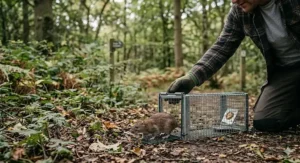Releasing a rat from a humane trap into a UK woodland area located more than two miles from the property.