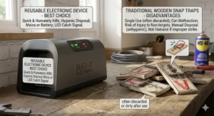 A comparison illustration showing why a reusable electronic device is the best electric rat trap choice over traditional wooden snap traps.