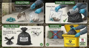 Step-by-step vector illustration showing safe double-bagging and disposal procedures for bromadiolone rat poison remnants and rodent carcasses in the UK.