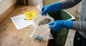 Gloved hands double-bagging a dead rodent in sealed plastic bags for safe disposal according to UK council guidelines.