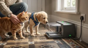 An illustration of a pet-safe electronic rodent trap featuring a protective internal tunnel designed to keep curious cats and dogs safe.