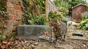 A robust live catch rat trap operating safely in a domestic garden near pets, highlighting its non-toxic design.