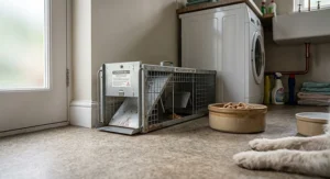A pet safe multi catch rat trap enclosed design shown near a dog bowl in a utility room.