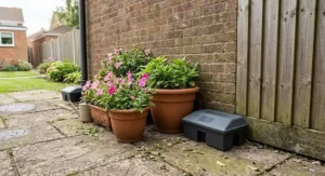 Discreet rat bait station situated behind patio planters to protect non-target British wildlife.