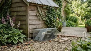 A pet safe multi catch rat trap positioned discreetly behind a garden shed, offering a secure alternative to a single snap trap.