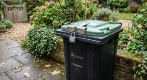 An outdoor UK wheelie bin with a secure lid lock to eliminate food sources and deter rats from gardens.