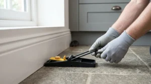A person safely setting an easy clean plastic single snap trap next to a kitchen skirting board to catch a single rodent.