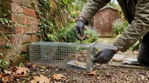 Step-by-step guide showing how to bait and set the best live catch rat trap near an outdoor garden shed.