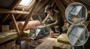 A homeowner setting up a multi catch rat trap in a home loft insulation area using peanut butter bait.