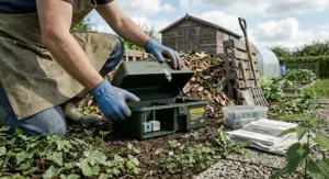 A homeowner wearing gloves setting up a rat bait box near a compost heap following UK pest safety guidelines.