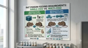 Illustration explaining single feed brodifacoum versus multi feed bromadiolone rat poison feeding requirements