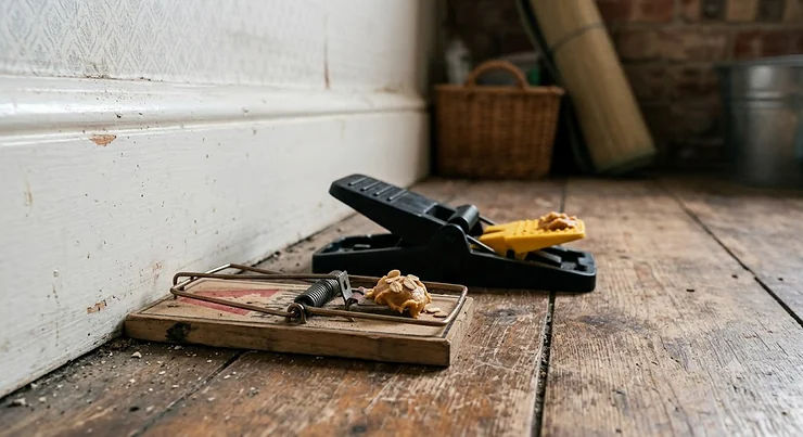 Traditional wooden and plastic snap traps set along a skirting board to get rid of rats in a home.