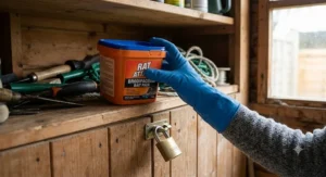 Storing leftover brodifacoum rat poison in its original child-proof container inside a locked cupboard or shed.
