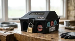 Lockable rat bait box loaded with brodifacoum blocks to safely protect non-target UK wildlife and pets.