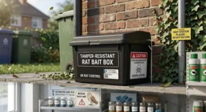 Illustration showing safe placement of tamper resistant rat bait boxes using bromadiolone or brodifacoum