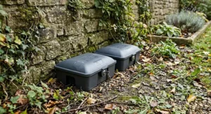 Lockable rat poison bait stations placed outdoors near garden walls to safely get rid of rats.