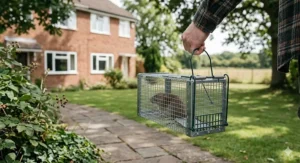 Carrying a live rat trap safely away from the house using the protective top handle.