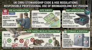 Guide graphic illustrating UK CRRU stewardship code rules and HSE regulations for responsible professional use of bromadiolone rat poison.
