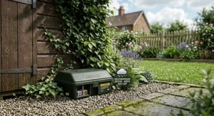 Weatherproof rat bait box positioned outdoors next to a garden shed, protecting rodenticide from rain.