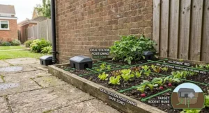 Instructional graphic showing correct rat bait box positioning next to an allotment vegetable plot.