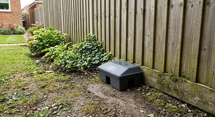 Rat bait station placed along a garden fence panel in a British backyard to target rodent runs.