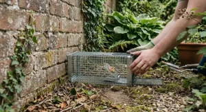 Placing a humane rat trap parallel to a brick garden wall in the UK, along a suspected rodent run.