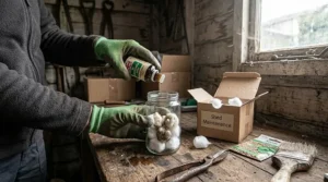 Soaking cotton wool balls with essential peppermint oil to place around garden shed entry points.