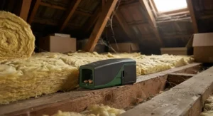 Battery-powered electric mouse trap positioned near insulation rolls in a loft space