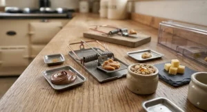 Selection of effective mouse trap baits including peanut butter and chocolate spread on trap bait trays.