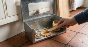 Close-up of peanut butter being used as bait inside a multi-catch mouse trap on a kitchen floor.