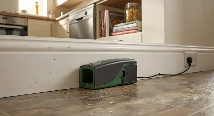 Humane electric mouse trap set up along a skirting board in a modern British kitchen