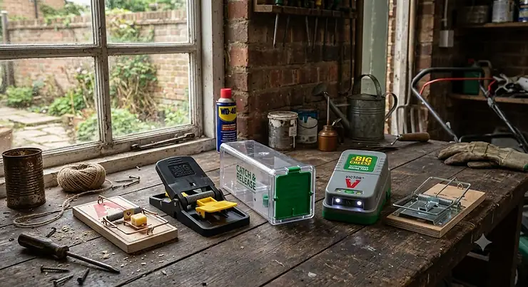 A selection of effective mouse traps suitable for use in a British garage or garden shed. mouse traps for garage and shed