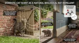 Diagram showing how domestic cat scent acts as a natural biological rat repellent around residential homes.