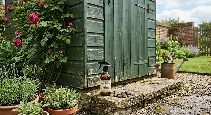 Peppermint oil spray bottle placed near a garden shed door, showing a natural rat repellent method for UK homes.