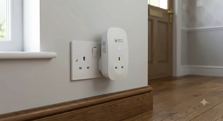 Illustration of the best ultrasonic rat repeller plugged into a standard UK wall socket to deter rodents.